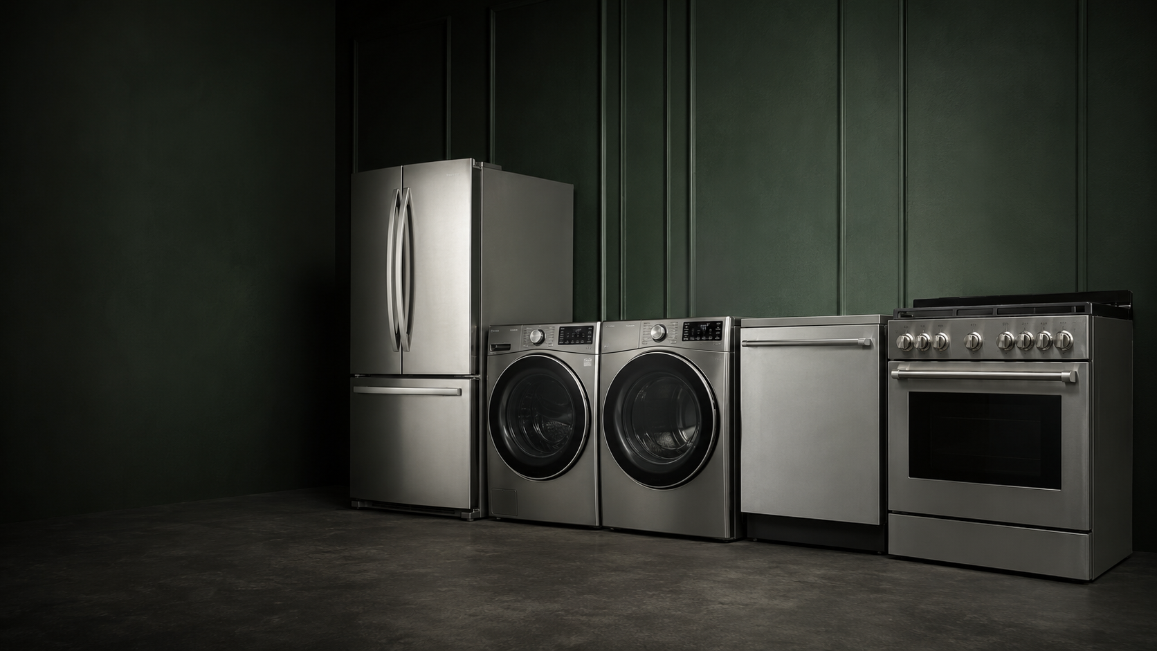 Stainless-steel refrigerator, washer, dryer, dishwasher and range
