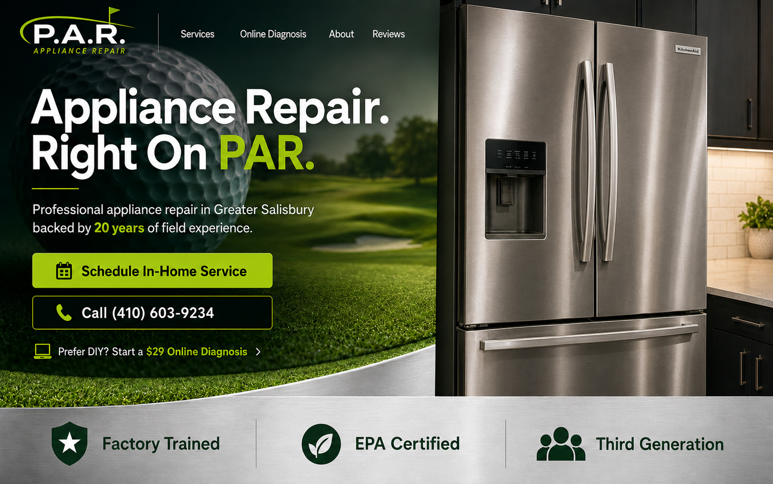 P.A.R. Appliance Repair — appliance repair right on PAR, with a golf course, golf ball and stainless-steel refrigerator